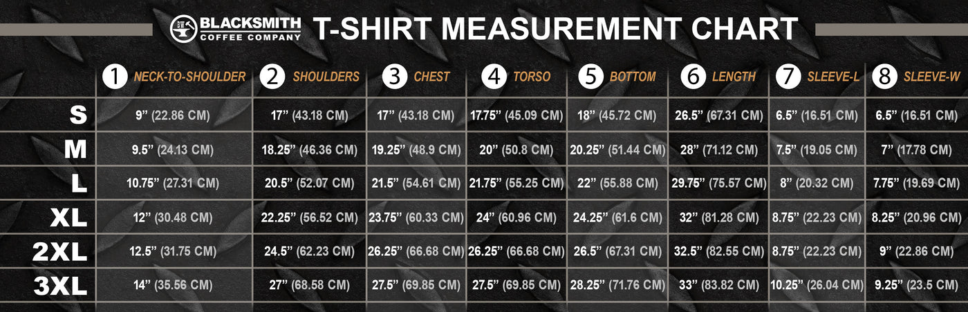 BW Blacksmith T-Shirt Size Chart